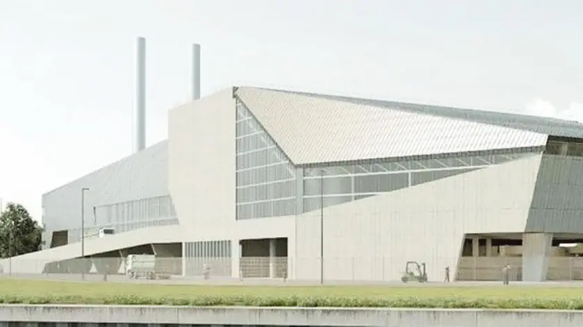 Il rendering presentato da Eni Rewind dell’inceneritore da costruire a Marghera