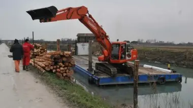 Pali pronti ad essere usati per rafforzare le rive del Palangon