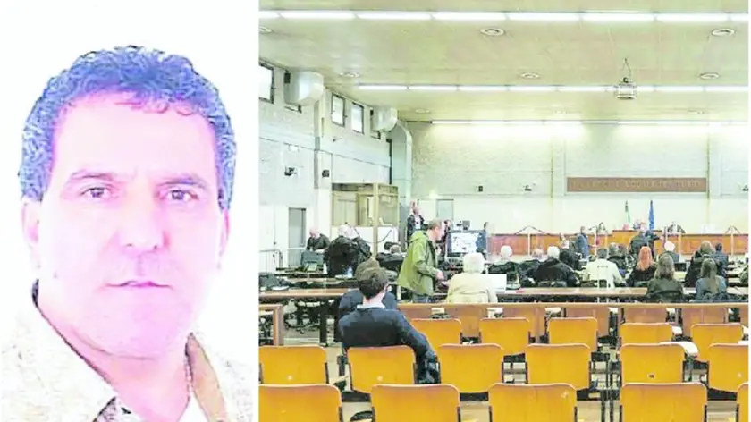 Luciano Donadio e, a destra, una fase del processo in corso nell’aula bunker di Mestre