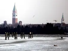 Caiaffa Venezia 04.02.2012.- Freddo e gelo nella ghiacciata laguna di Venezia. sullo sfondo il campanile di San Marco.- Interpress