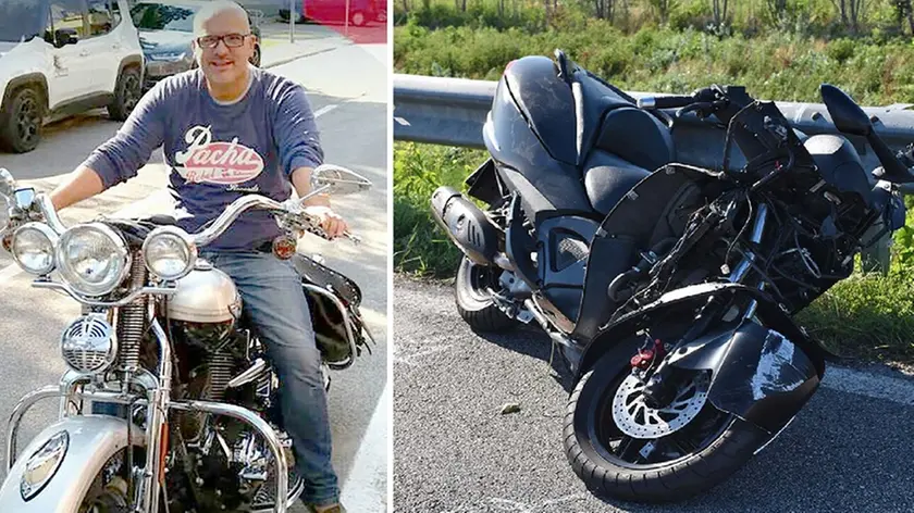 Roberto Pettenuzzo, aveva 45 anni. A destra lo scooterone su cui si trovava al momento dell'incidente