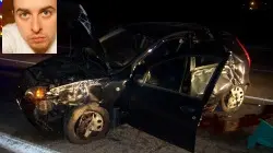 L'auto dopo lo scontro e nella foto piccola Riccardo Furlanetto