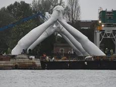 L'allestimento della gigantesca opera di Lorenzo Quinn "Bulding Bridges"