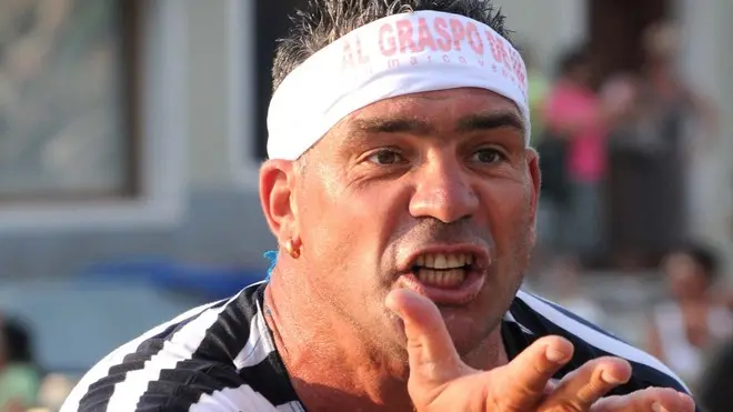 Interpress/Mazzega Pellicani Venezia, 07.07.2013.- Regata di Murano, Uomini su gondole ad un remo.- Nella foto la rabbia di Giampaolo D'Este contro gli arbitri di gara II° Classificato