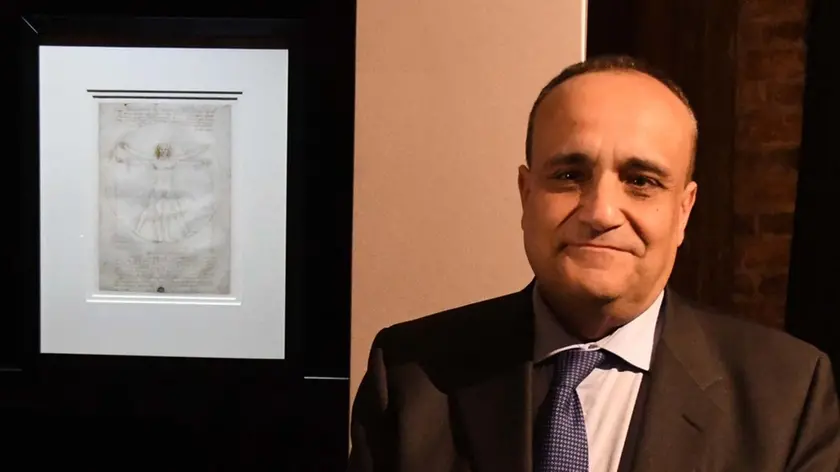 Interpress/M.Tagliapietra Venezia 16.04.2019.- Il Ministro Alberto Bonisoli alla Mostra "Leonardo Da Vinci. L'Uomo modello del Mondo". Gallerie dell'Accademia. Nella foto Davanti all'Uomo Vitruviano.