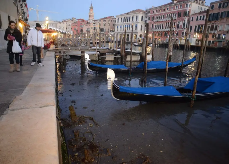 Interpress/M.Tagliapietra Venezia 04.01.2015.- Bassa Marea Canal Grande Rialto.