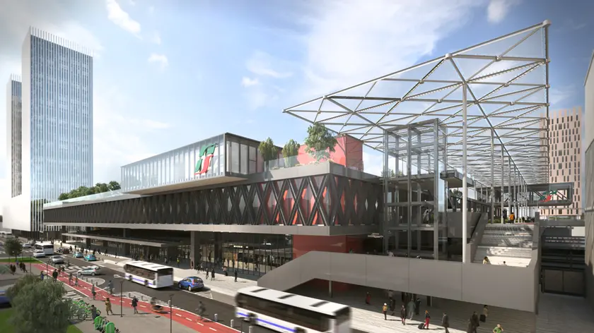 Il rendering di progetto del nuovo volto della stazione di Mestre