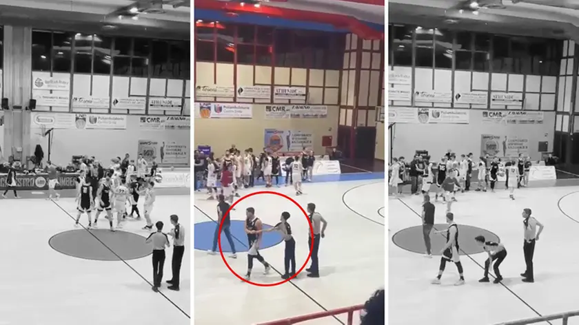 Tre momenti ripresi da un video: al centro la stretta di mano tra l'arbitro e il giocatore di basket