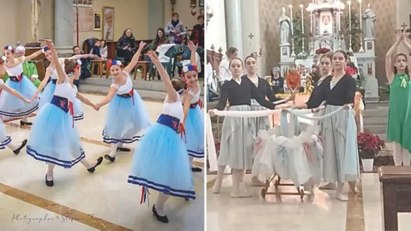 Due momenti delle coreografie realizzate durante la messa nella chiesetta di San Silvestro Papa ad Attimis