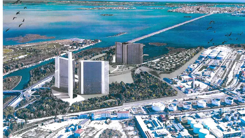 Il rendering del progetto per la riqualificazione dell’area dei Pili (con tanto di palazzetto dello sport). I 41 ettari acquistati nel 2005 da Brugnaro sono finiti nell’inchiesta Palude