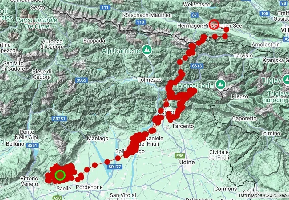 Il percorso del lupo Andrea, da Polcenigo alla Carinzia