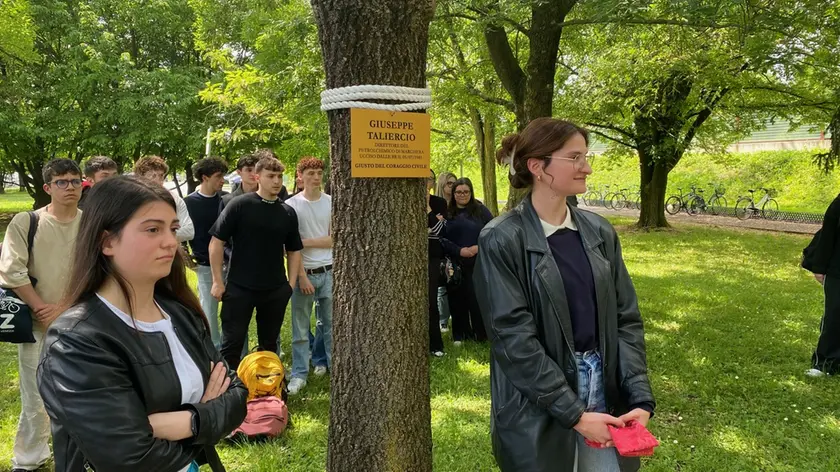 Nelle foto l’albero con l’intitolazione, con le nipoti Caterina Lattanzi, a sinistra, e Sofia Taliercio (Foto Liceo Stefanini)