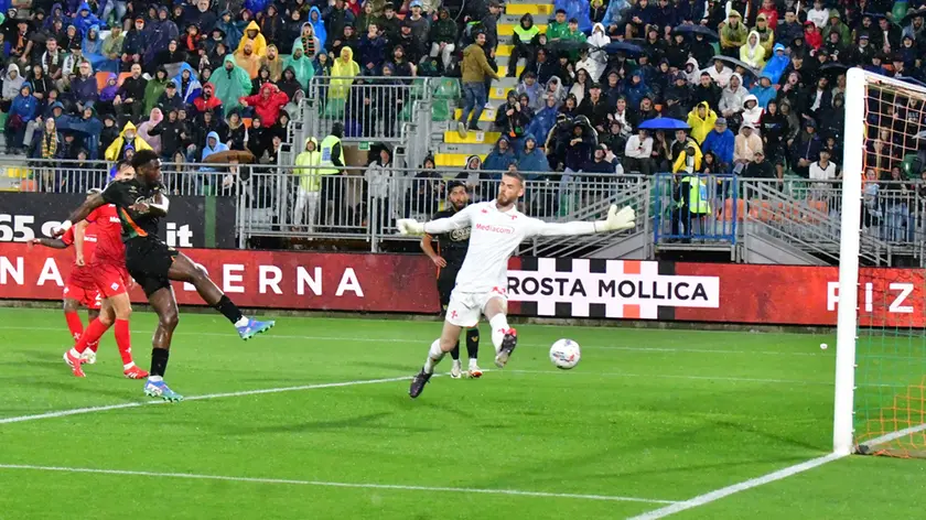 Il gol di Candé che ha sbloccato l'ultima sfida vinta con la Fiorentina al Penzo (Foto Interpress)