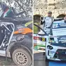 A sinistra la Peugeot 208 Rally 4 di Doretto e Pellegrini dopo lo schianto. A destra, Samuele Pellegrino e Matteo Doretto festeggiano il 3° posto al Rally delle Due Valli di Verona, lo scorso 31 maggio