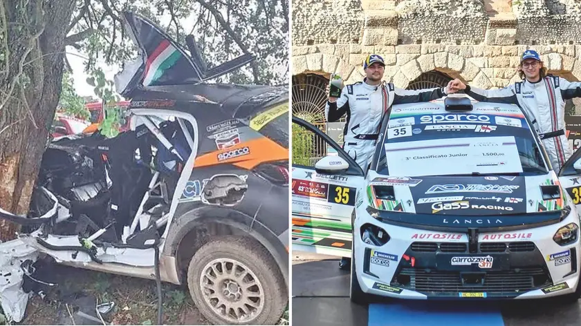 A sinistra la Peugeot 208 Rally 4 di Doretto e Pellegrini dopo lo schianto. A destra, Samuele Pellegrino e Matteo Doretto festeggiano il 3° posto al Rally delle Due Valli di Verona, lo scorso 31 maggio