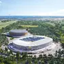 Una ricostruzione grafica di come sarà il nuovo stadio di Tessera dove giocherà il Venezia calcio. Sullo sfondo il palazzetto dello sport per il basket