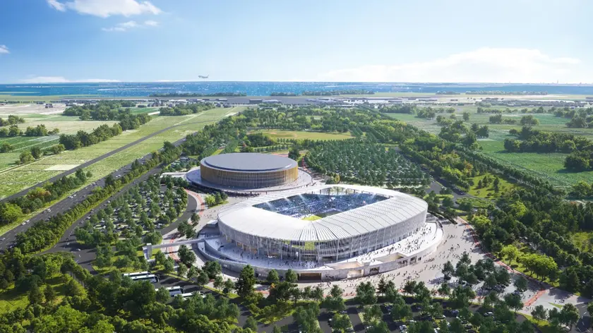 Una ricostruzione grafica di come sarà il nuovo stadio di Tessera dove giocherà il Venezia calcio. Sullo sfondo il palazzetto dello sport per il basket