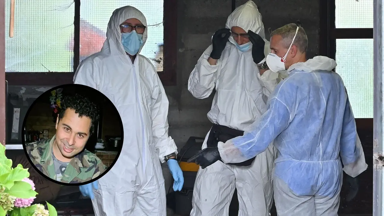 Carabinieri al lavoro nel garage dove sono stati trovati i resti e, nel tondo, la vittima, Alessandro Venier