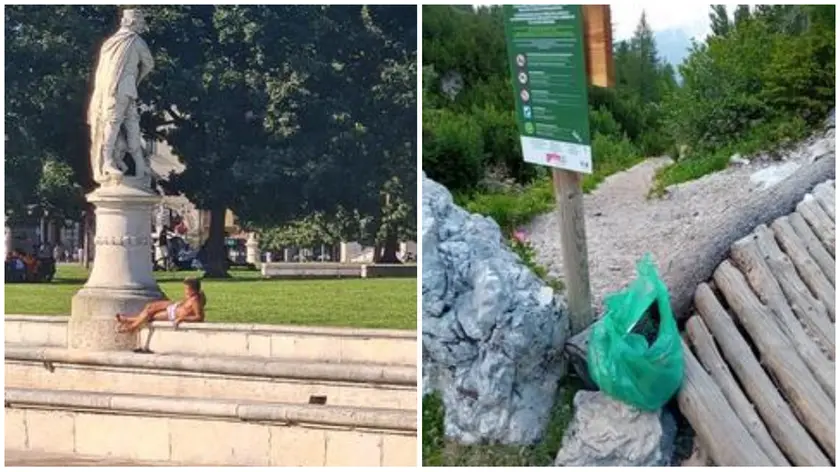 Un turista in mutande in Prato della Valle a Padova e immondizie lasciate in montagna