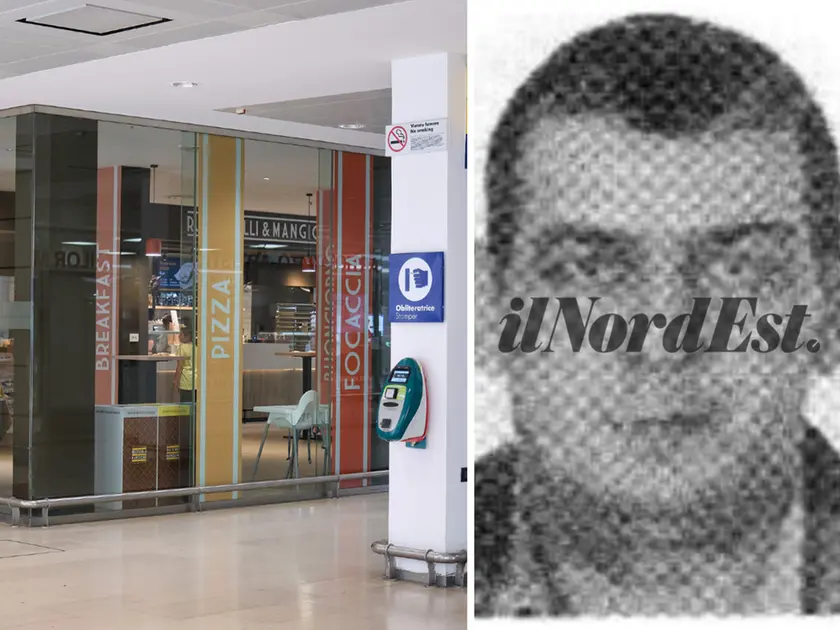 Il bar della stazione di Trieste dove Hasan Uzun (a destra) aveva lasciato il trolley con pistola e munizioni. Foto Silvano