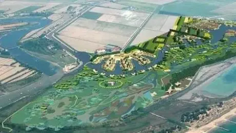 Un’immagine dall’alto del rendering che illustra come sarà il villaggio turistico rurale di Valle Ossi