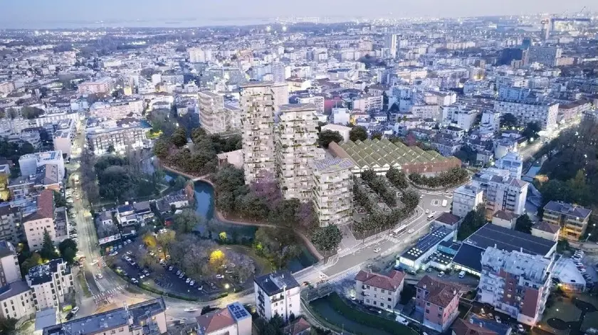 Una ricostruzione di come sarà il progetto Alì previsto nell’area dell’ex Umberto I, in centro a Mestre
