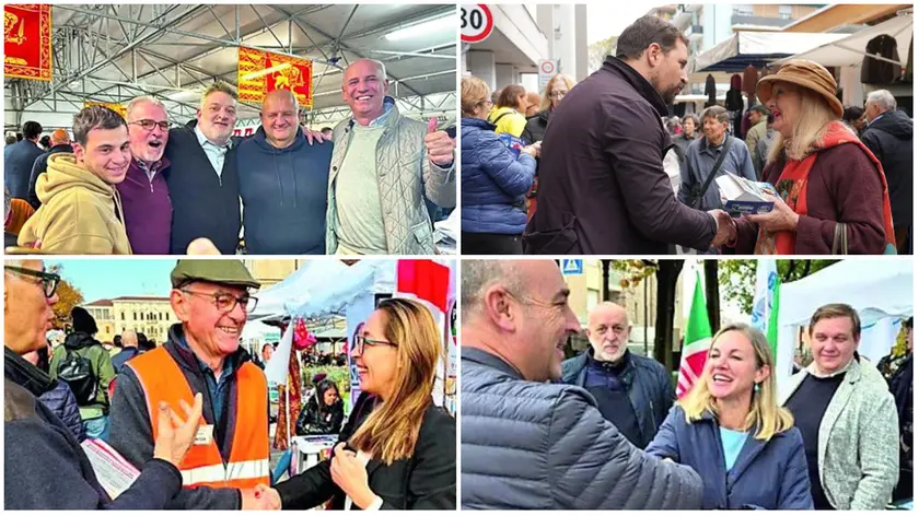 In senso orario partendo da in alto a sinistra: Roberto Marcato (Lega) a Brugine, Matteo Romanello (FdI) con la sua pasta a Mestre, strette di mano per Elisa Venturini (Forza Italia) e Vanessa Camani (Pd) nel Padovano