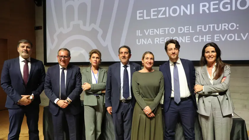 Giovanni Manildo e Alberto Stefani con gli industriali nell’auditorium del museo M9 di Mestre