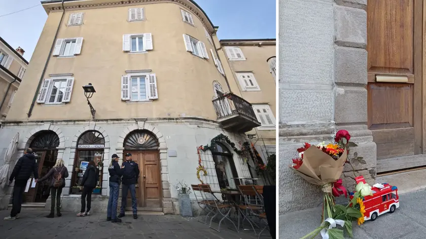 A sinistra gli agenti davanti allo stabile di piazza Marconi, dove si è consumata la tragedia. Foto Lasorte. A destra fiori e un mezzo dei pompieri sulla porta