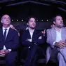 Luca Zaia, Alberto Stefani e Matteo Salvini durante l’evento di apertura della campagna elettorale di Stefani al teatro Geox di Padova