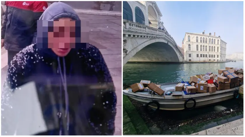 La donna fermata dopo il furto con incidente a Rialto e a fianco la barca schiantatasi contro il parapetto sul Canal Grande