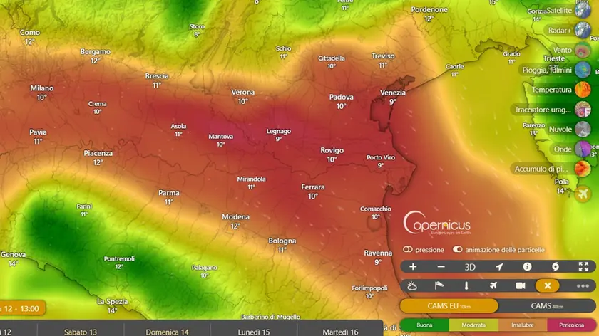 Mappa qualità dell'aria sul sito Windy: in rosso l'area definita pericolasa