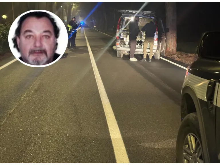 La scena dell'incidente e nel tondo la vittima Massimiliano Colussi (foto Bortoluzzi)