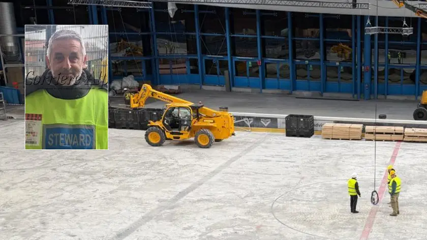 Il cantiere Stadio Olimpico e nella foto in piccolo la vittima Pietro Zantonini