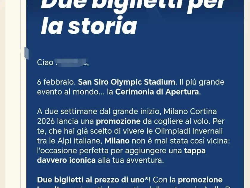 La mail con cui viene lanciata la promozione per la cerimonia di apertura di Milano-Cortina