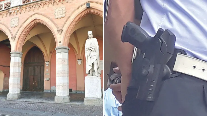 La Loggia Amulea di Prato della Valle e, a destra, una pistola di quelle in dotazione agli agenti della polizia locale