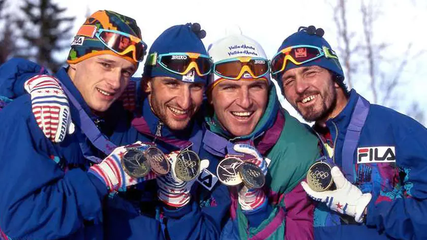 La staffetta d'oro a Lillehammer: Silvio Fauner, Fulvio Valbusa, Marco Albarello e Maurilio De Zolt