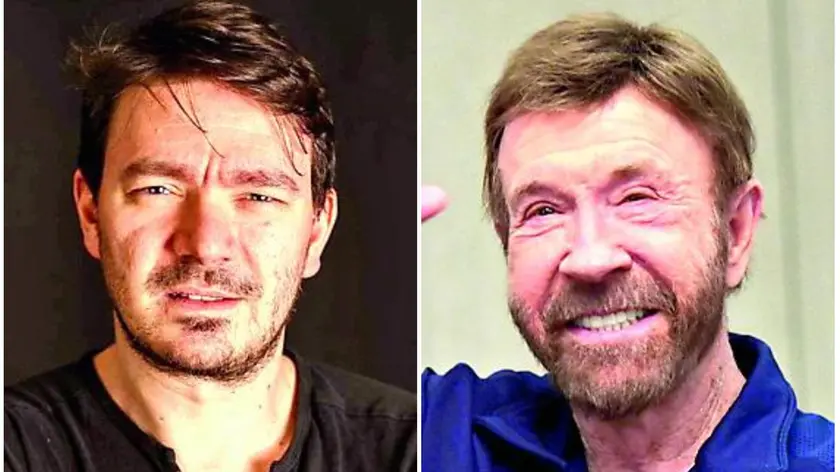 A sinistra Riccardo Bidoia, 45 anni di Vigonza, l’autore dei facts e, a destra, Chuck Norris, l’attore scomparso a 86 anni