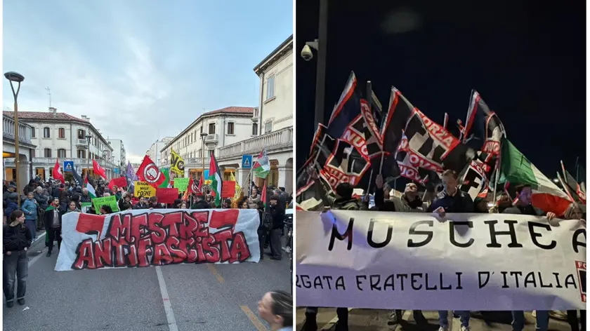 A sinistra il presidio antifascista, a destra i militanti di Forza Nuova. Foto Pórcile