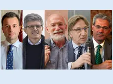 I candidati a sindaco di Venezia: Simone Venturini (centrodestra), Andrea Martella (campo largo), Giovanni Andrea Martini (Tutta la città che vogliamo)m Michela Boldrin (Ora!) e Pierangelo Del Zotto (Prima il Veneto)