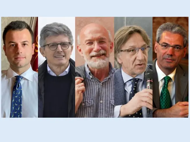 I candidati a sindaco di Venezia: Simone Venturini (centrodestra), Andrea Martella (campo largo), Giovanni Andrea Martini (Tutta la città che vogliamo)m Michela Boldrin (Ora!) e Pierangelo Del Zotto (Prima il Veneto)
