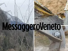 Il traliccio in bilico tra la boscaglia a Terzo di Tolmezzo e, a destra, i segni del danneggiamento foto Petrussi