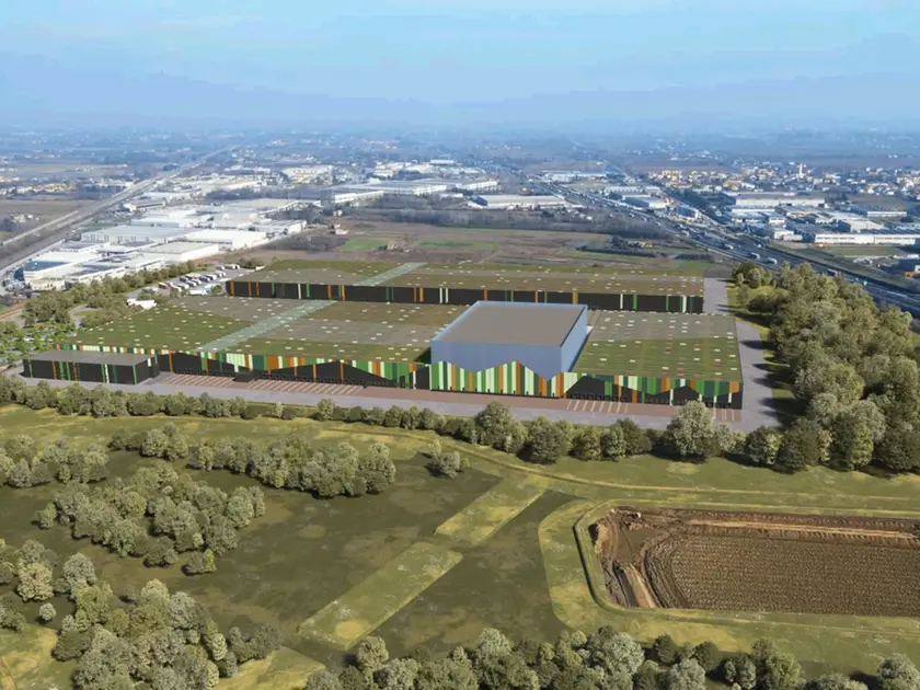 Un rendering del polo logistico del Gruppo Unicomm previsto a Dolo