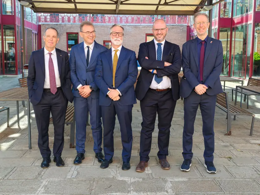 Da sinistra Carlo Barbante, Marco Sgarbi, Carlo Bagnoli, Giacomo Pasini, Filippomaria Pontani. Foto Interpress
