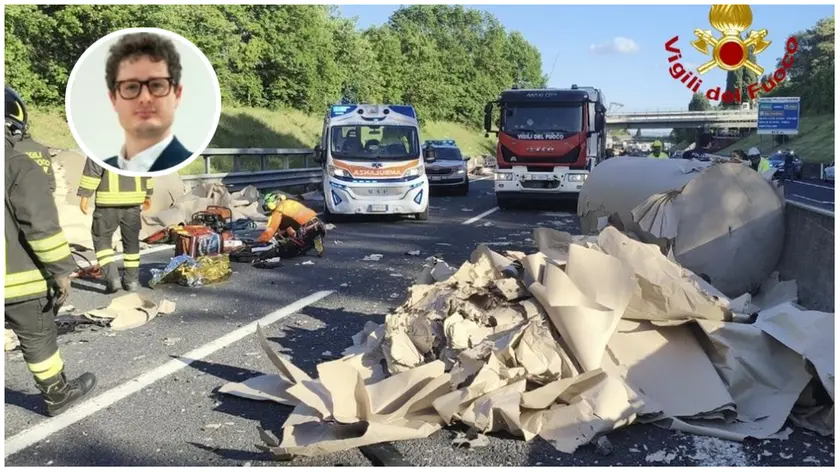 L'incidente nel tratto toscano dell'A1. Nel riquadro la vittima Pietro Bellato