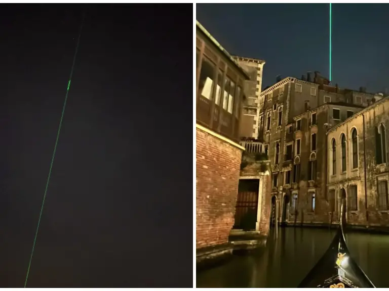 Il misterioso fascio di luce verde visto da Venezia (foto da Facebook)