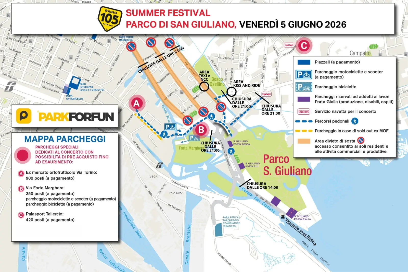 La mappa dei parcheggi per il 105 Summer Festival