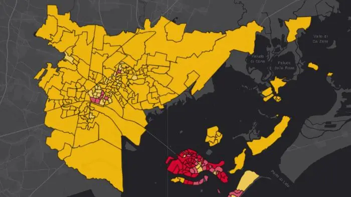 La mappa delle elezioni: la terraferma gialle con Venturini, la città storica rossa con Martella