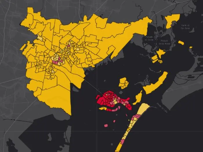 La mappa delle elezioni: la terraferma gialle con Venturini, la città storica rossa con Martella