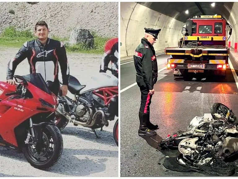 Giacomo Lazzarin, morto a 35 anni. A fianco la sua moto distrutta